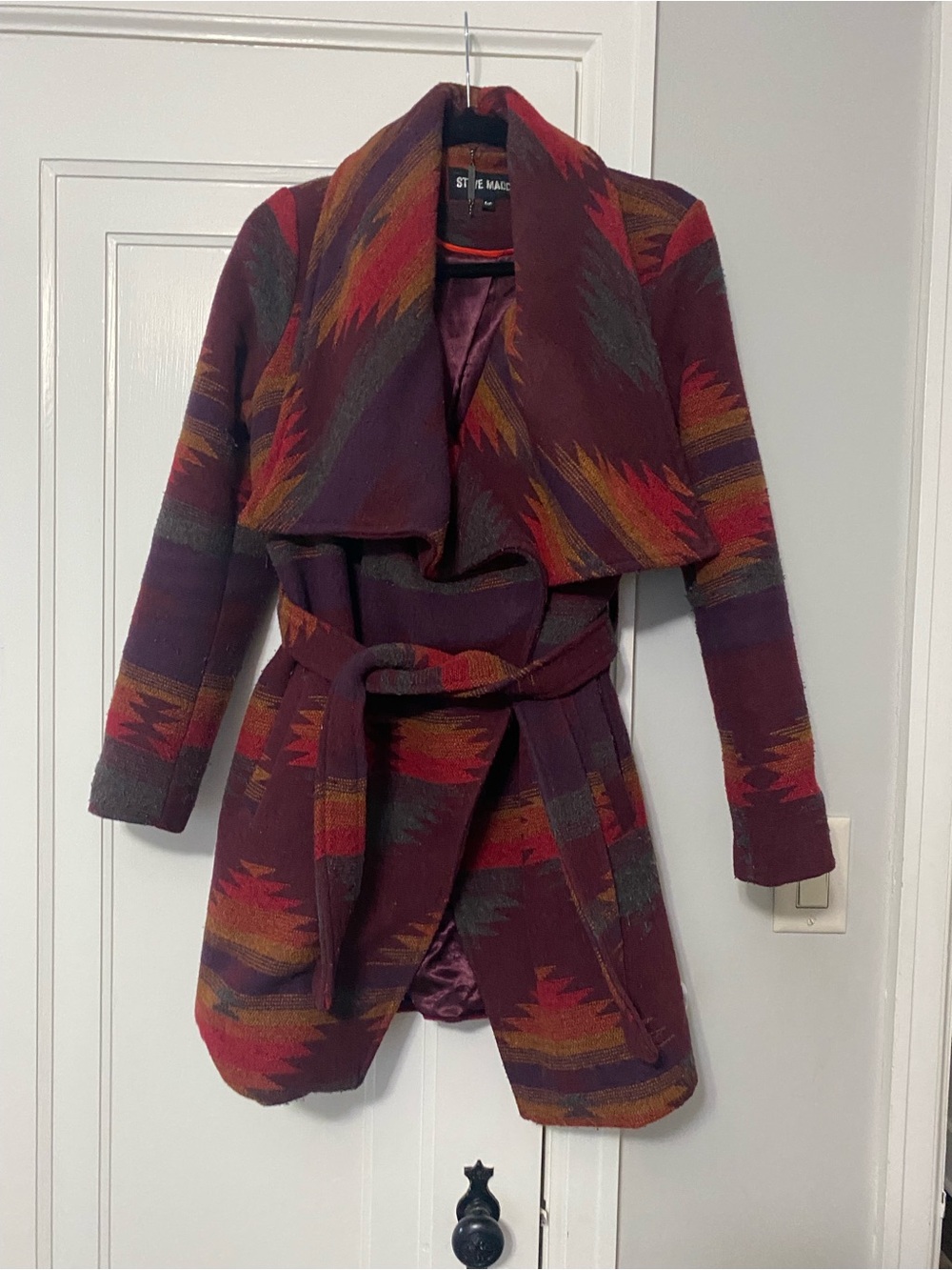 Steve Madden Burgundy Multicolor Aztec Draped Belted Pea Coat